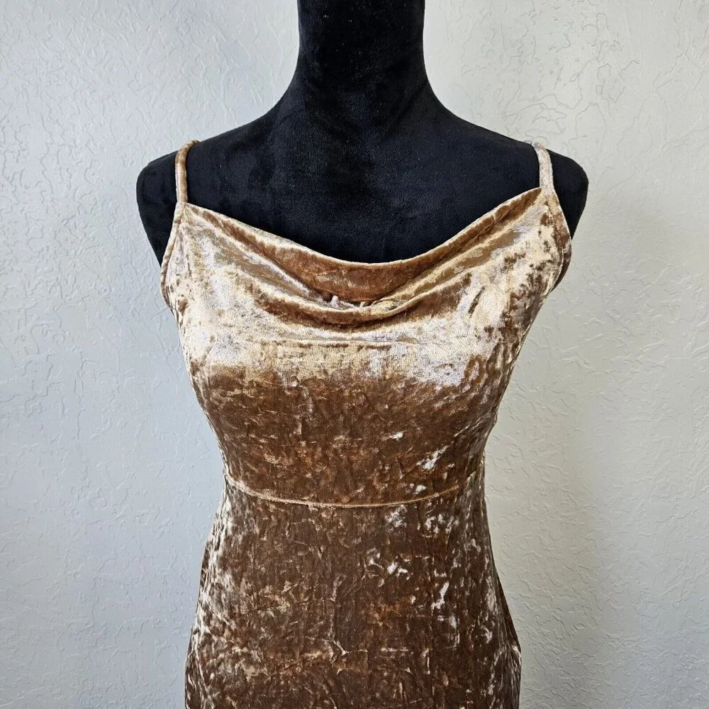 Vtg Y2K Forever 21 Crushed Velvet Midi Dress Tan Sz Med fairycore - Picture 3 of 12